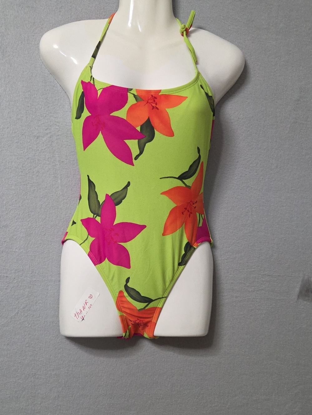 Vintage Y2K Anne Cole Collection Neon Green Tropical Floral Halter One Piece.
